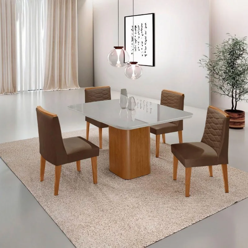 Mesa De Jantar Eloise Canto Copo 4 Cadeiras Moderna Mobília Veludo Marrom/off White/