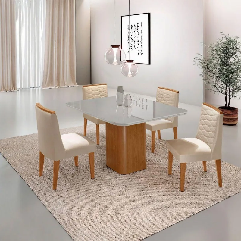 Mesa De Jantar Eloise Canto Copo 4 Cadeiras Moderna Mobília Veludo Creme/off White/naturale