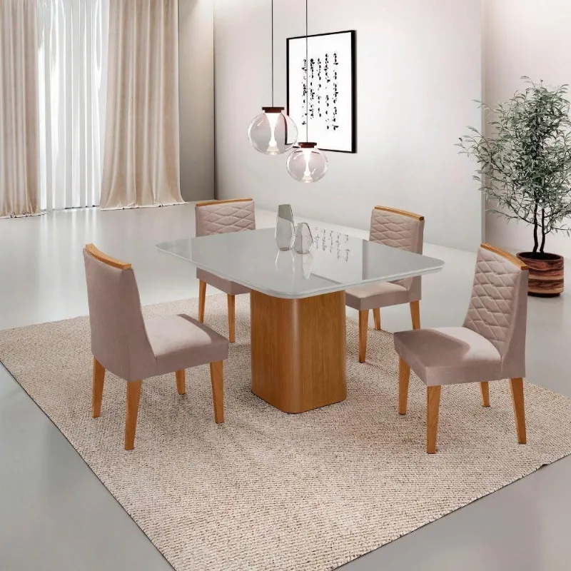 Mesa De Jantar Eloise Canto Copo 4 Cadeiras Moderna Mobília Linho Capuccino/off White/naturale