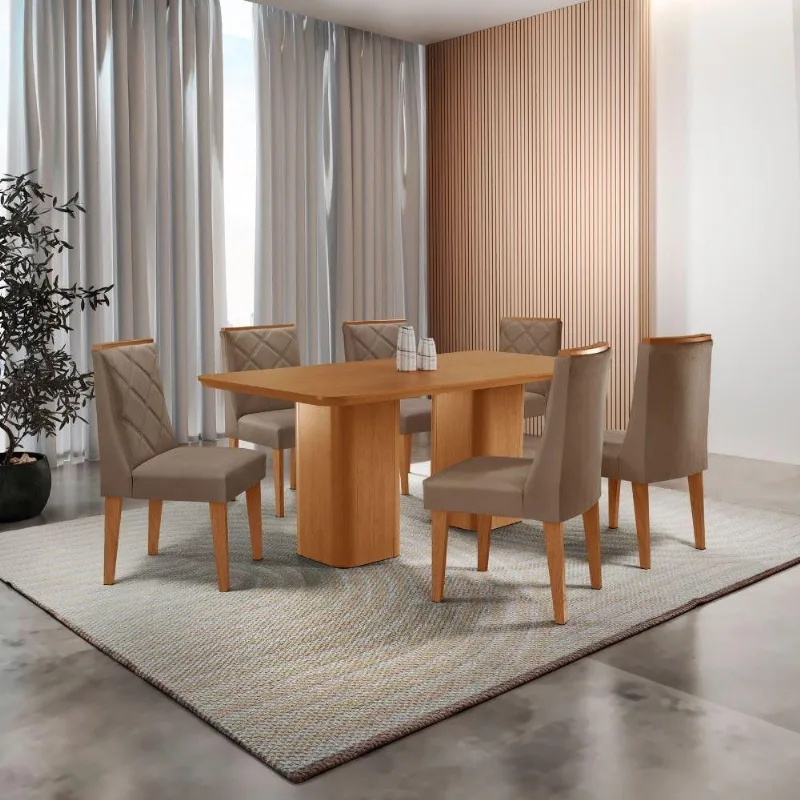 Mesa De Jantar Eloise Tampo Laminado Com 6 Cadeiras Isadora Veludo Capuccino Naturale