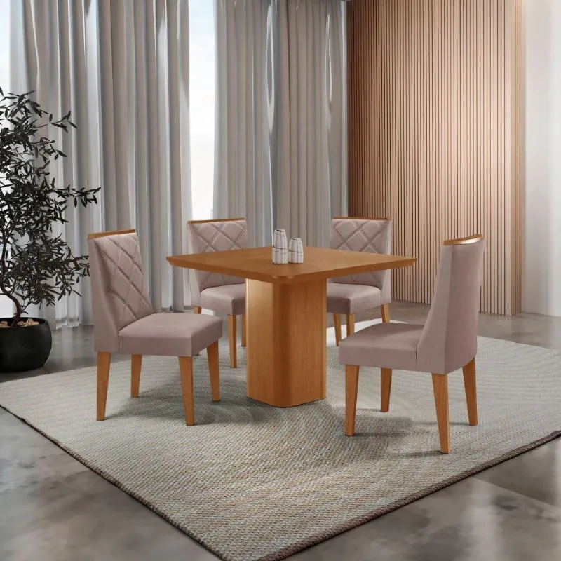 Mesa De Jantar Eloise Canto Copo 4 Cadeiras Isadora Moderna Linho Capuccino/