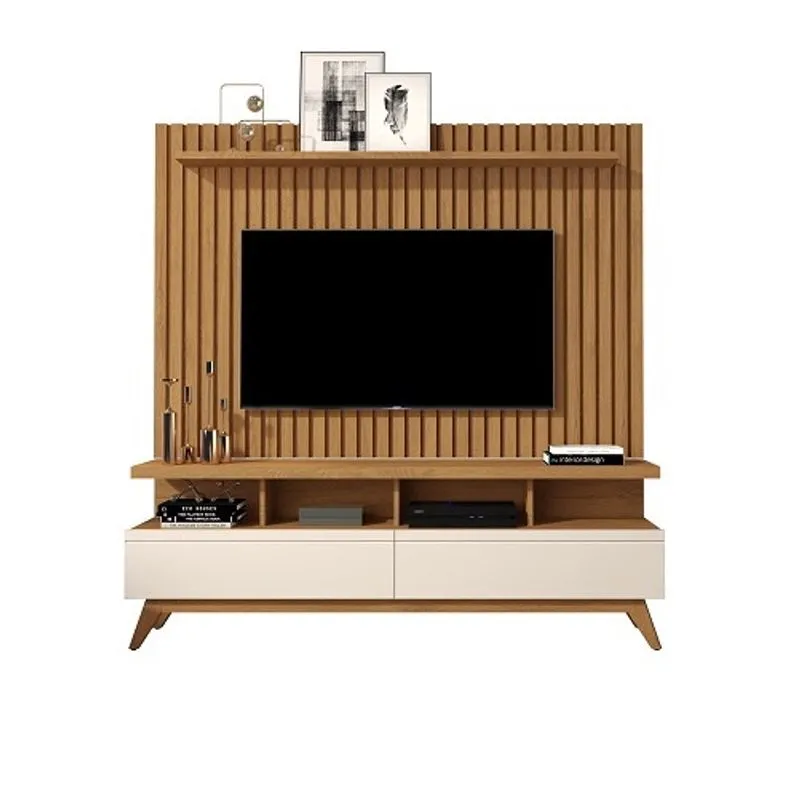 Rack Vivare 1.6 Wood Com Painel Classic Ripado Para TV Até 65 Polegadas Nature/Off White - Giga Móveis