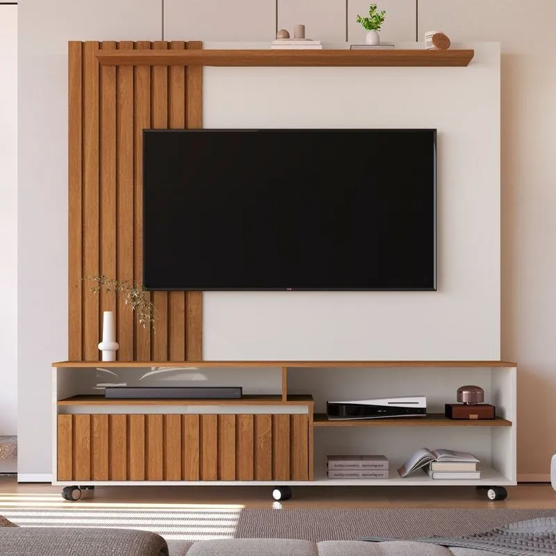 Estante Ripado Para Tv Até 65 Polegadas Mdf 160cmx188cm Rodízios Havana Bege Off White/ Freijó