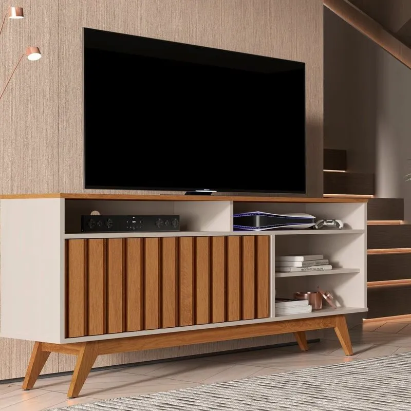 Rack Ripado Para Tv Até 50 Polegadas Mdf 136cm Pés Em Madeira Maciça Turin Bege Off White /freijó