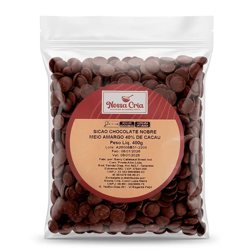 Chocolate Sicao Nobre Meio Amargo 40% Cacau 400g NOSSA CRIA CHOCO SICAO NOBRE MEIO AMARGO 40% CACAU 400G NOSSA CRIA