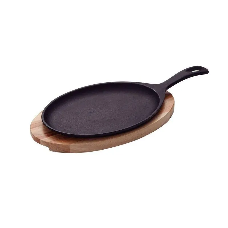 Tábua Churrasco 30,5x18,5cm Tramontina Mix Gril Oval Ferro Fundido Base Madeira Teca Com Cabo Tramontina