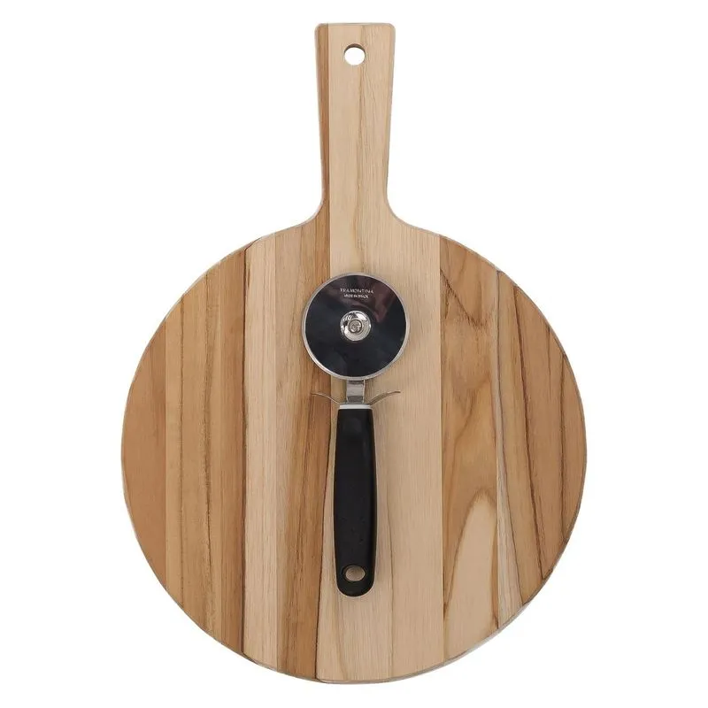 Kit Tábua + Cortador De Pizza Tramontina Em Madeira Teca Finger Fsc Com Acabamento Lixado Tramontina