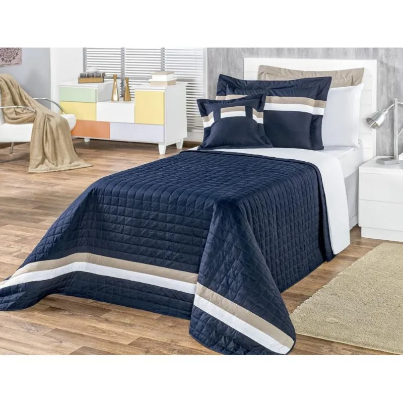 Kit Cobre Leito Solteiro Kauã 3 Pçs 150 Fios Azul Algodão