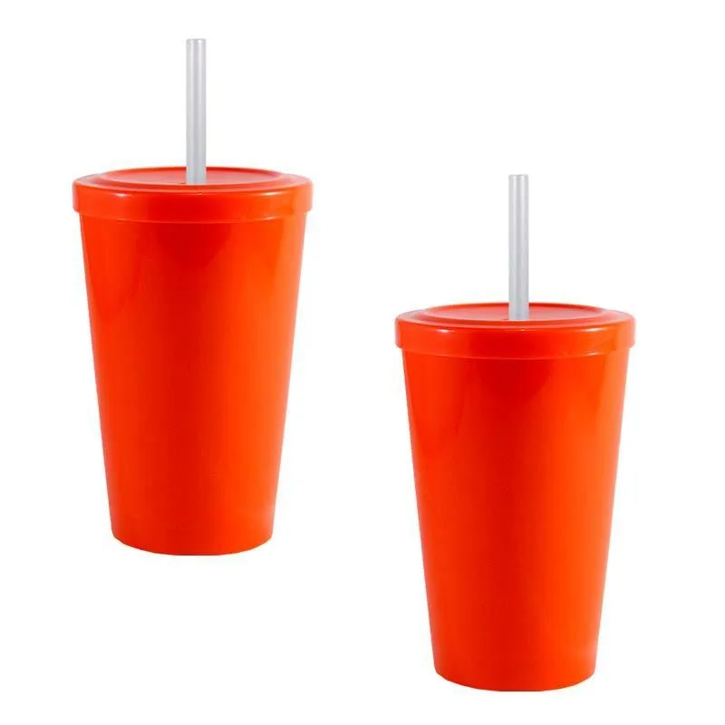 Kit 2 Copo Tampa Canudo Alaranjado 320ml Plástico Premium