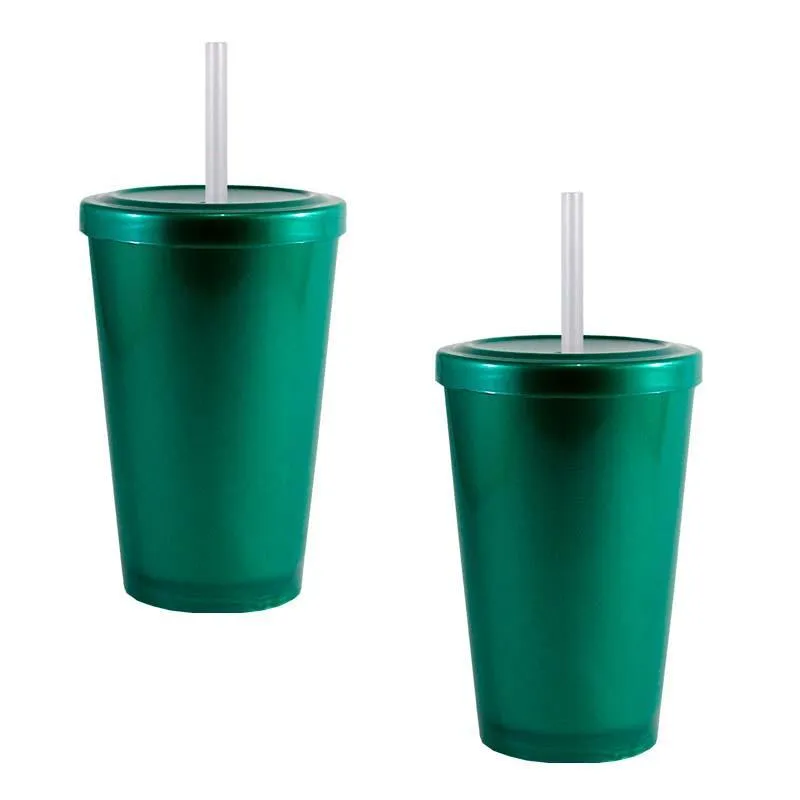 Kit 2 Copo Tampa Canudo Verde 320ml Plástico Premium