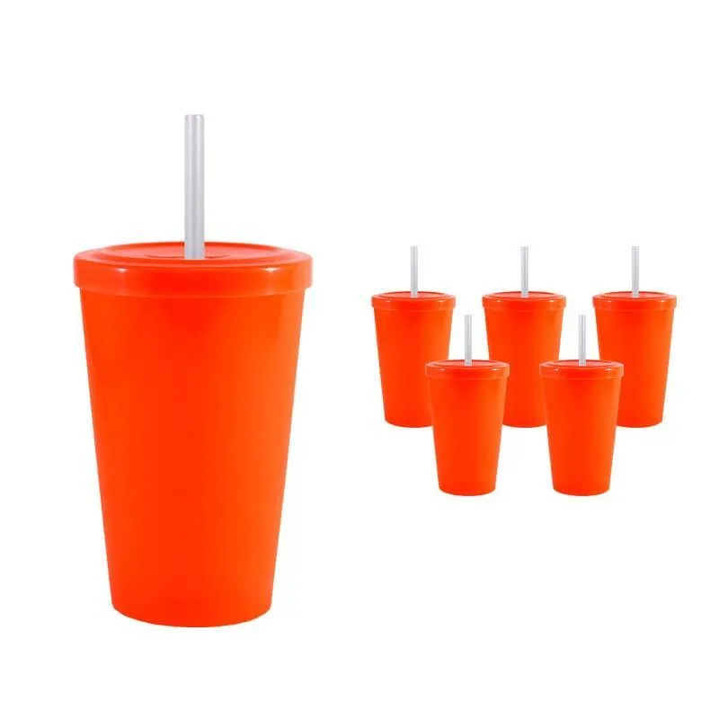 Kit 6 Copo Tampa Canudo Laranja Neon 320ml Plástico Premium