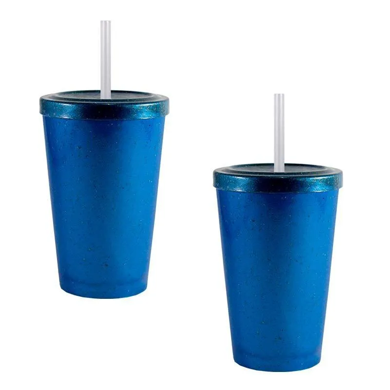 Kit 2 Copo Tampa Canudo Fibra Madeira Azul 320ml