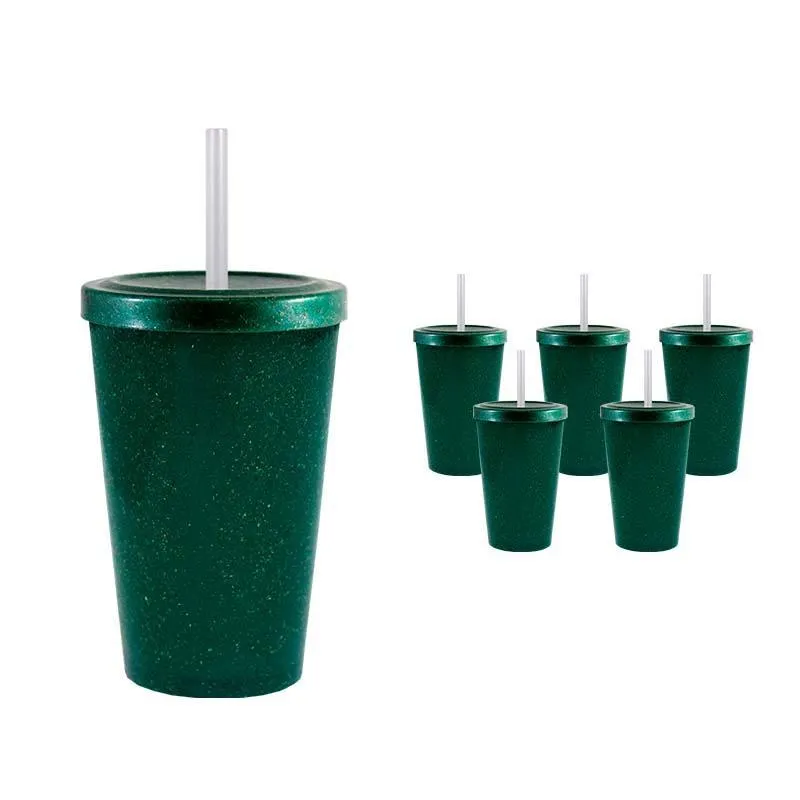 Kit 6 Copo Tampa Canudo Fibra Madeira Verde 320ml
