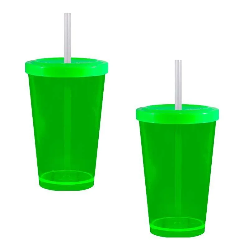 Kit 2 Copo Cristal Tampa Canudo Amarelo Neon 320ml Plástico