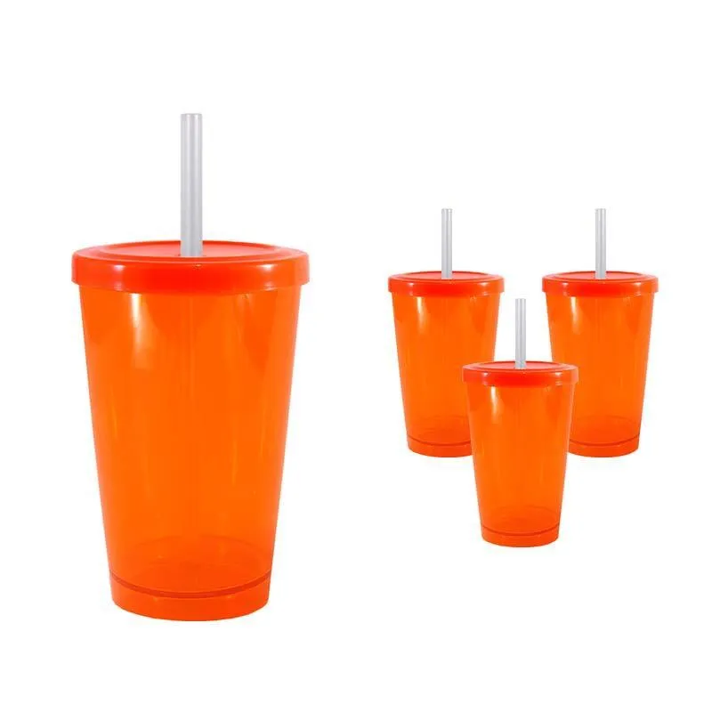 Kit 4 Copo Cristal Tampa Canudo Laranja Neon 320ml Plástico