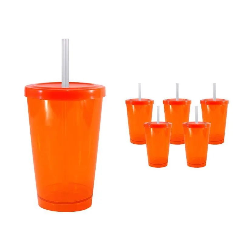 Kit 6 Copo Cristal Tampa Canudo Laranja Neon 320ml Plástico