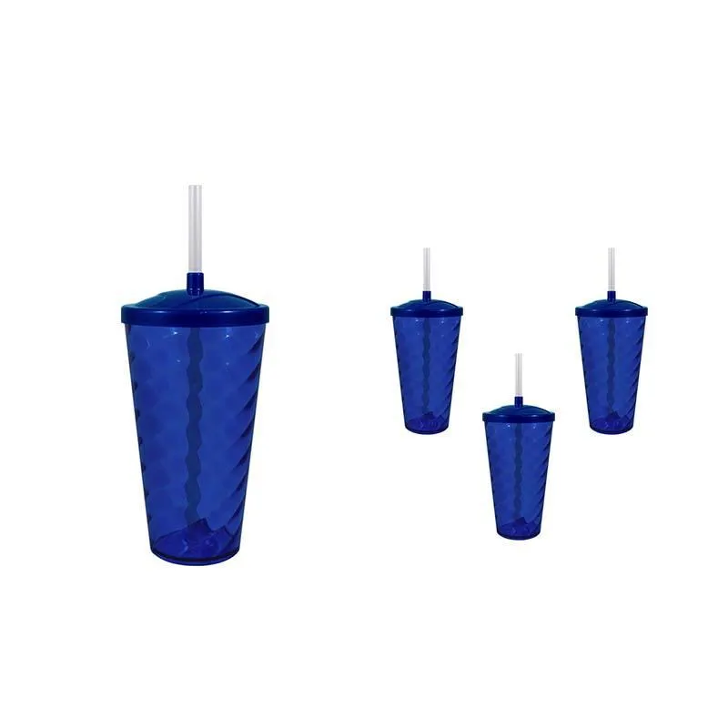 Kit 4 Copo Twist Tampa Cristal Azul 600ml Plástico