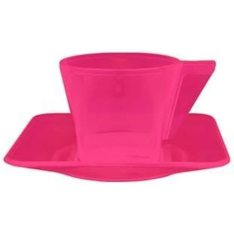 Kit 2 Xícara E Pires Cristal Rosa Neon 50ml Plástico