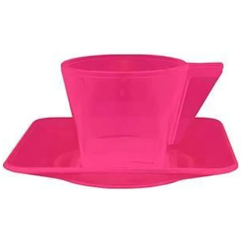 Kit 4 Xícara E Pires Cristal Rosa Neon 50ml Plástico
