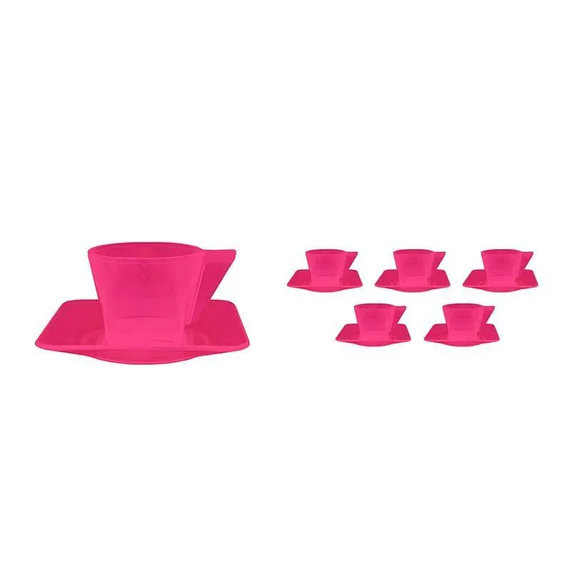 Kit 6 Xícara E Pires Cristal Rosa Neon 50ml Plástico