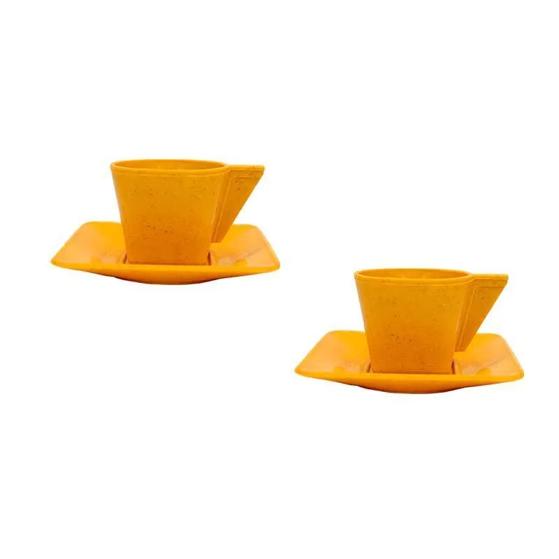 Kit 2 Xícara E Pires 50ml Fibra Madeira Amarelo