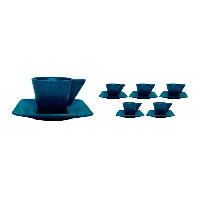 Kit 6 Xícara E Pires 50ml Fibra Madeira Azul