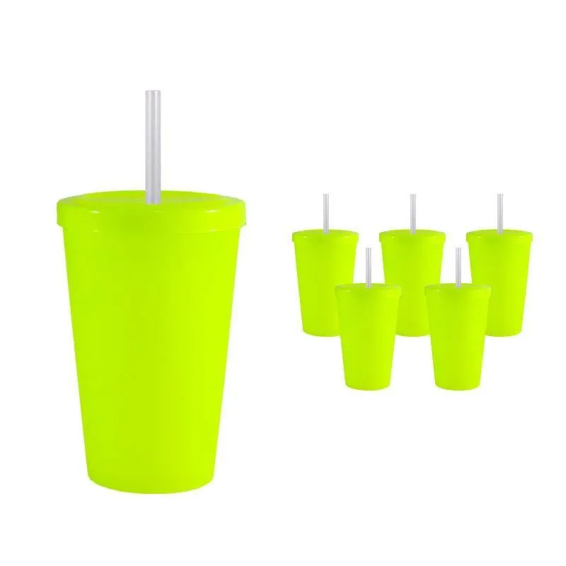 Kit 6 Copo Tampa Canudo Amarelo Neon 320ml Plástico Premium