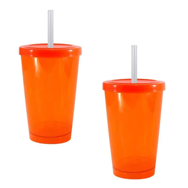 Kit 2 Copo Cristal Tampa Canudo Laranja Neon 320ml Plástico
