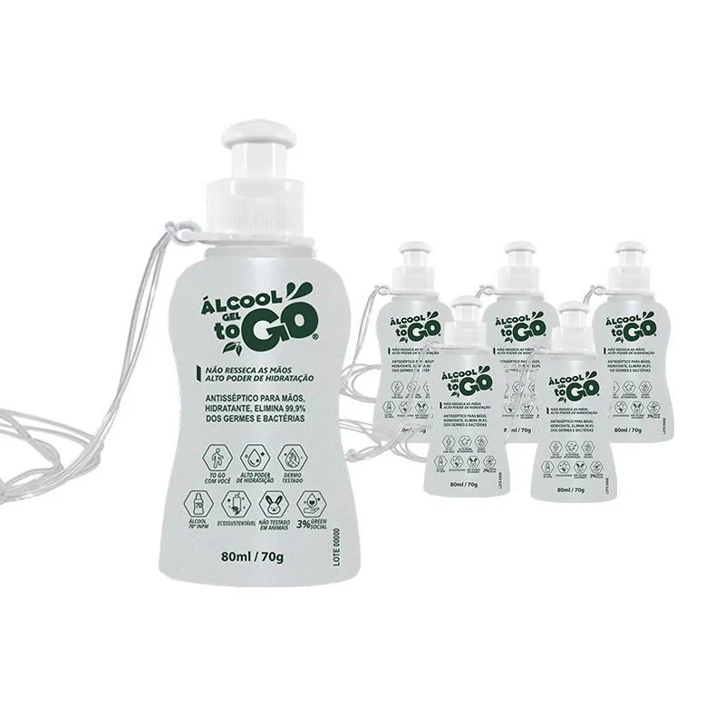Kit 6 Álcool Gel 70 Togo 80ml/70g Cordão Fg