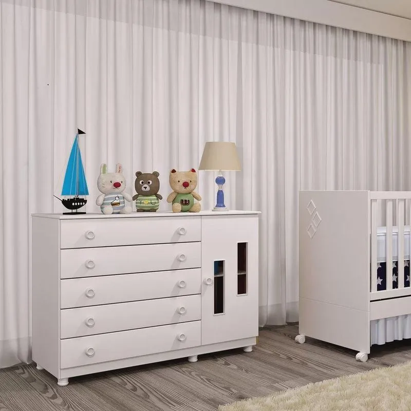 Cômoda De Bebê 1 Porta 5 Gavetas Evolution Tcil Móveis Branco