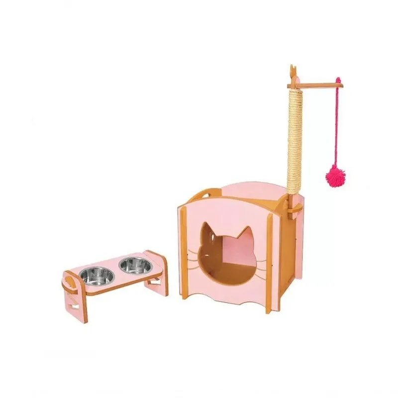 Casinha De Gato Com Arranhador + Comedouro Rosa - Vivaligna