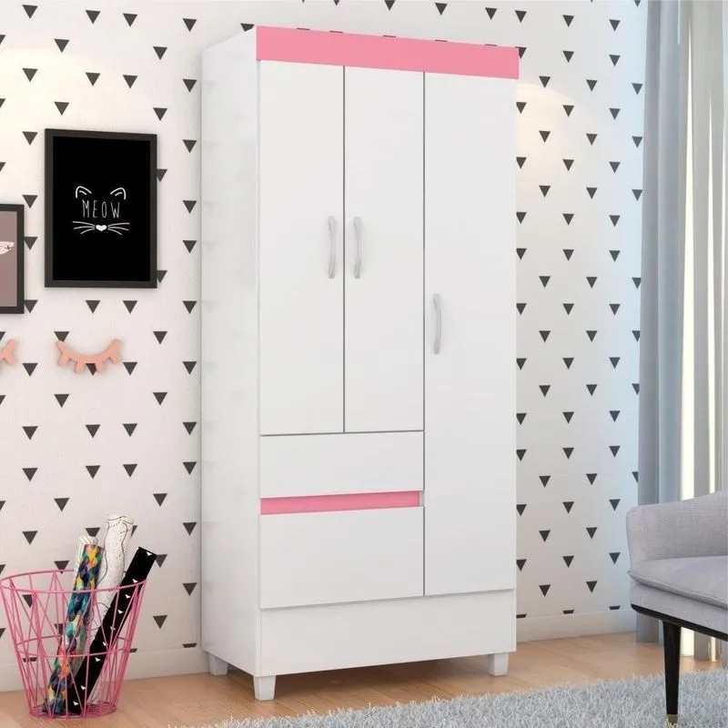 Guarda Roupa 3 Portas Fabi Branco Rosa