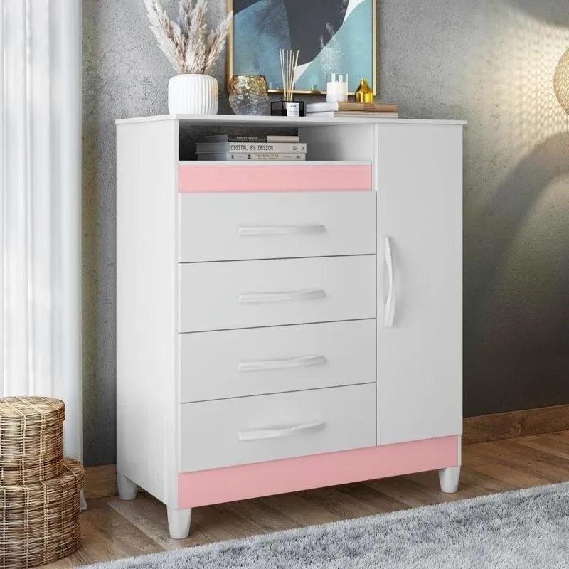 Cômoda Reyna Branco Rosa Titanium Azul 4 Gavetas