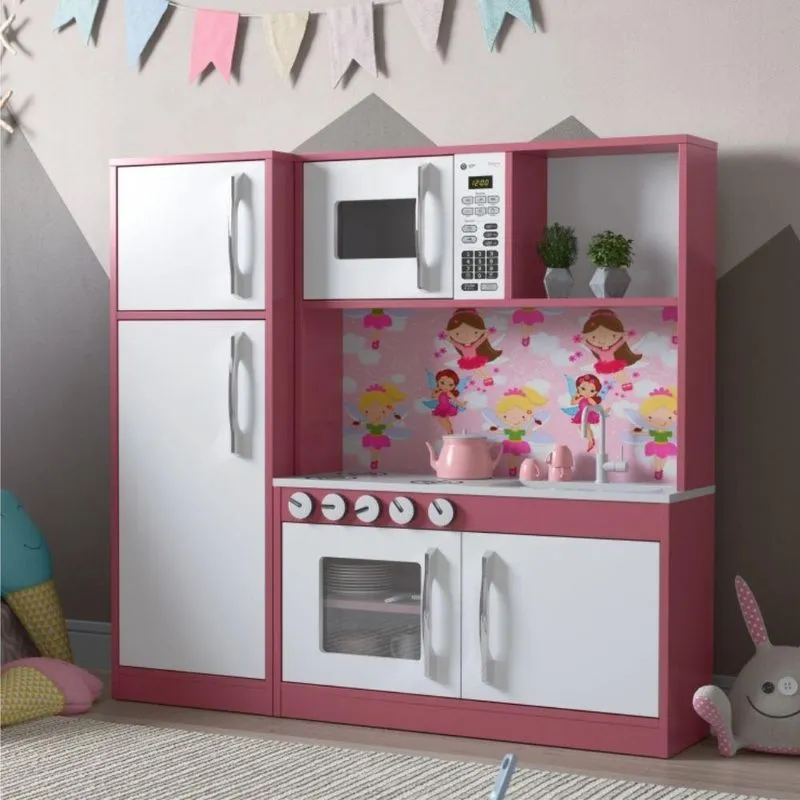 Armário Cozinha Com Refrigerador Infantil Lux Branco Rosa