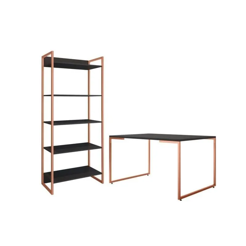 Conjunto Mesa Minimalista E Estante ártemis Preto Cobre