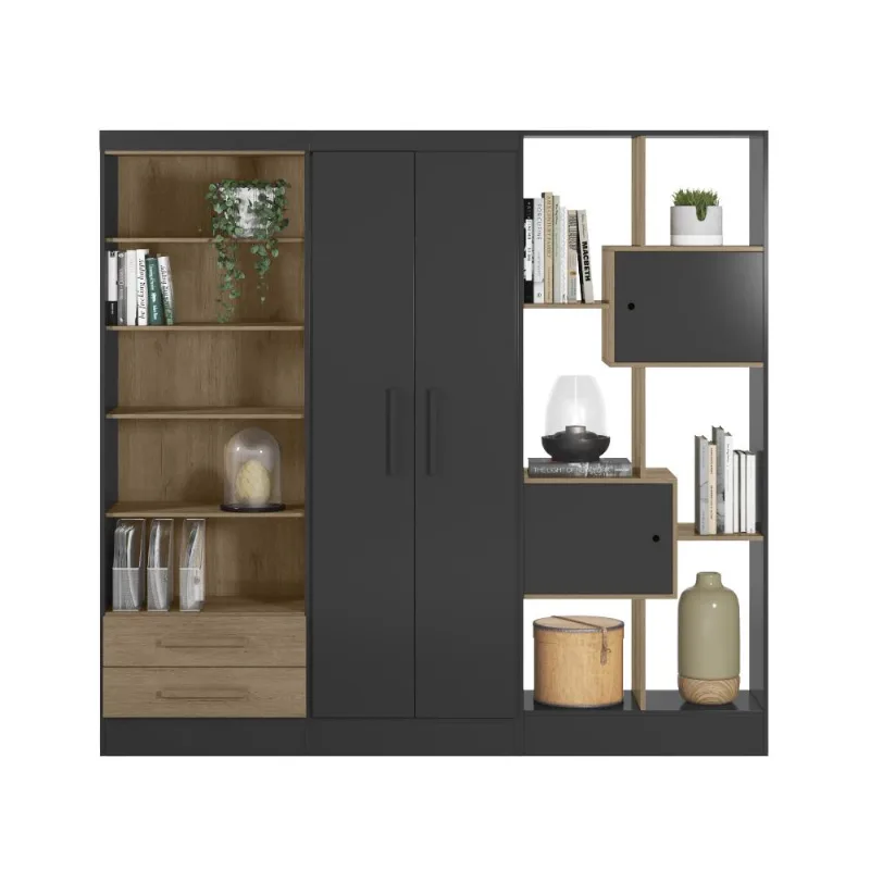 Conjunto Livreiros Multiuso Lisboa Preto Fosco Carvalho Rustico