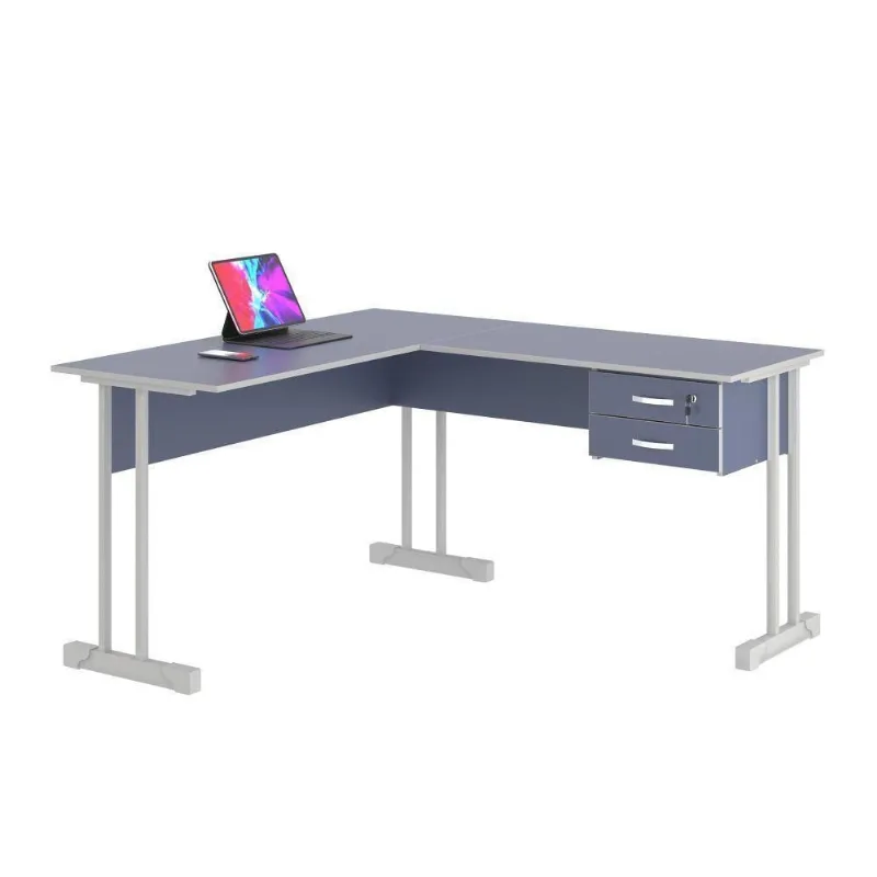 Mesa Em L Com 2 Gavetas Rael Azul