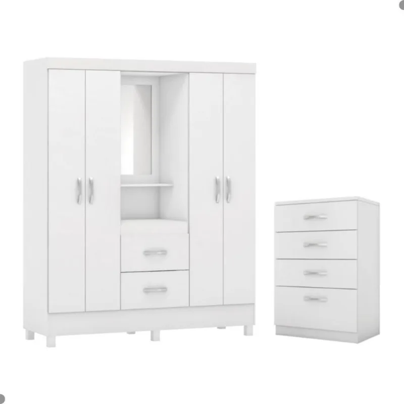 Conjunto Guarda Roupa Casal e Comoda Ravenna 4 Portas 2 Gavetas Branco MDP