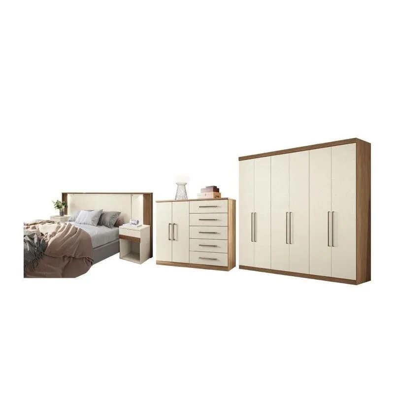 Conjunto Quarto De Casal Completo Com Espelho Kansas Jatobá Areia