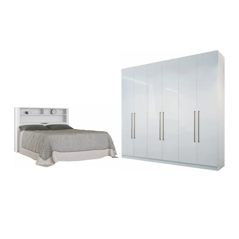 Conjunto Guarda Roupa 6 Portas E Cabeceira Casal Seattle Branco