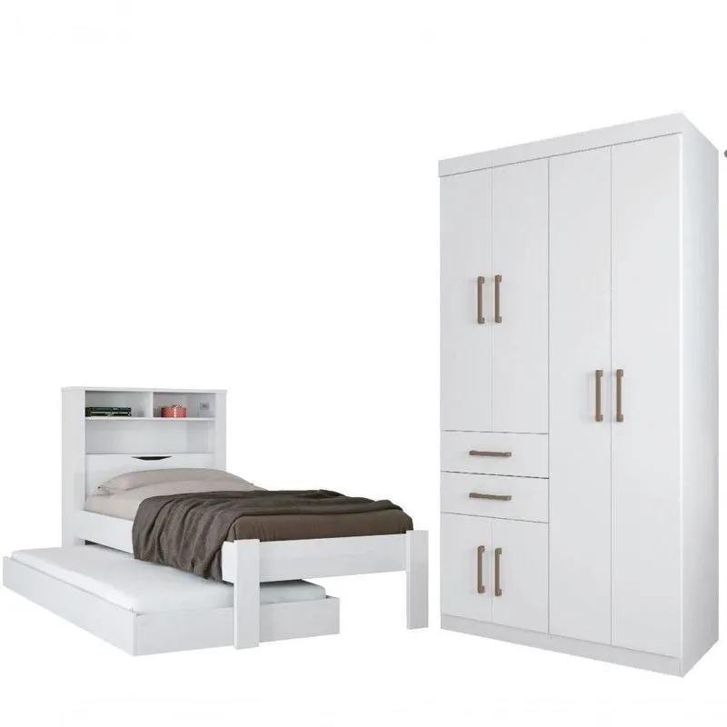 Conjunto Guarda Roupa E Bicama Solteiro Bangalore Branco