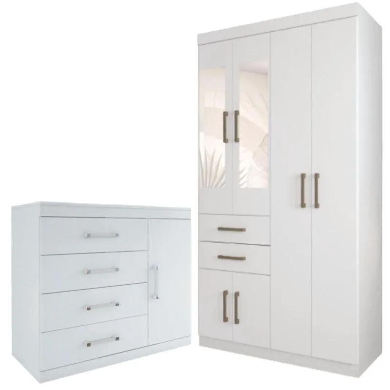 Conjunto Guarda Roupa Com Espelho E Cômoda Sapateira Bangalore Branco