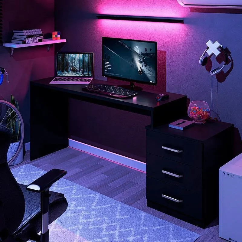 Mesa Para Computador Com 3 Gavetas Vijay Preto