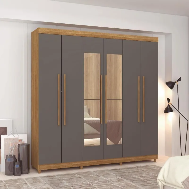 Guarda Roupa Casal Audi 6 Portas 2 Gavetas Nature Alasca MDP com Espelho Vila Rica
