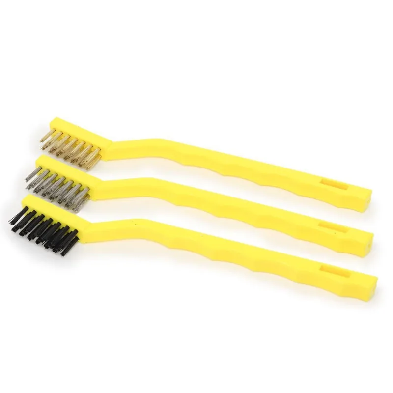 Kit 3 Escovas Aço Nylon Latão Manuais Com Cabo Para Limpeza