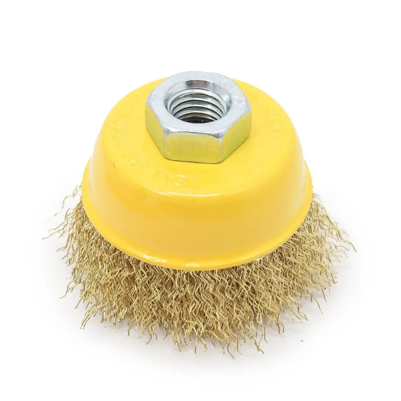 Escova Copo Aço Carbono Latonado 3 75Mm M14 Ondulada