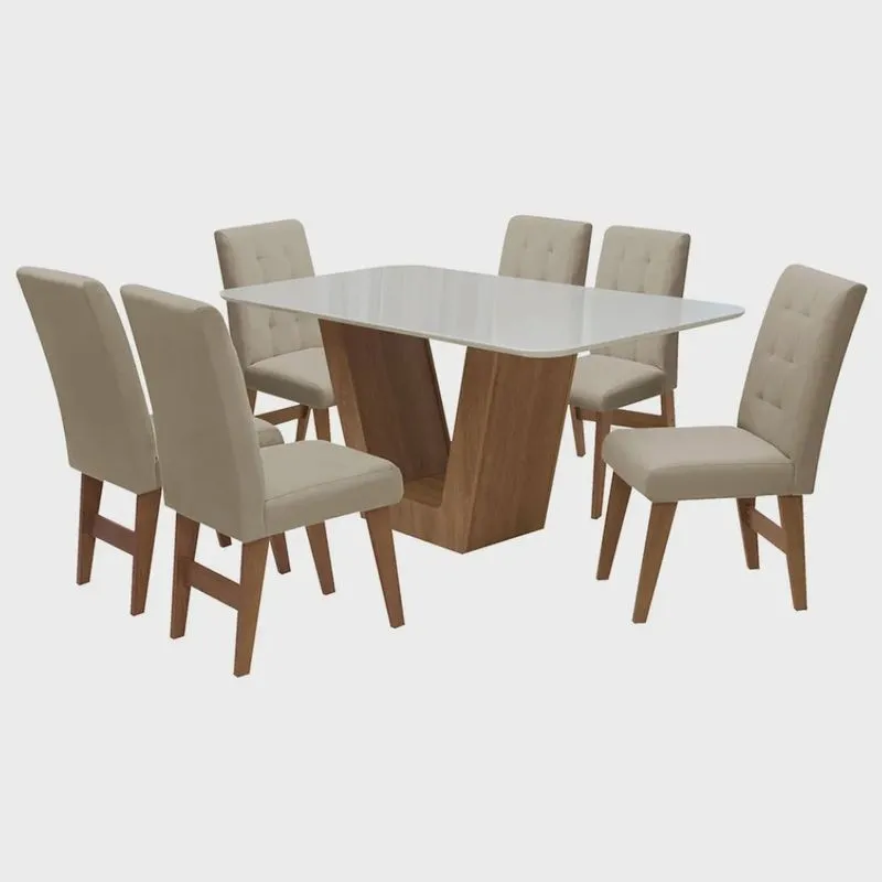 Conjunto Mesa de Jantar Safira com 06 Cadeiras Agata 160cm Cedro/Branco Off/Bege - adj decor