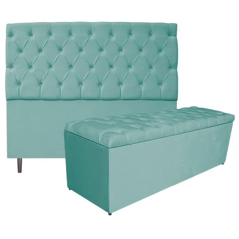 Kit Cabeceira e Calçadeira Liverpool King Size Azul Tiffany