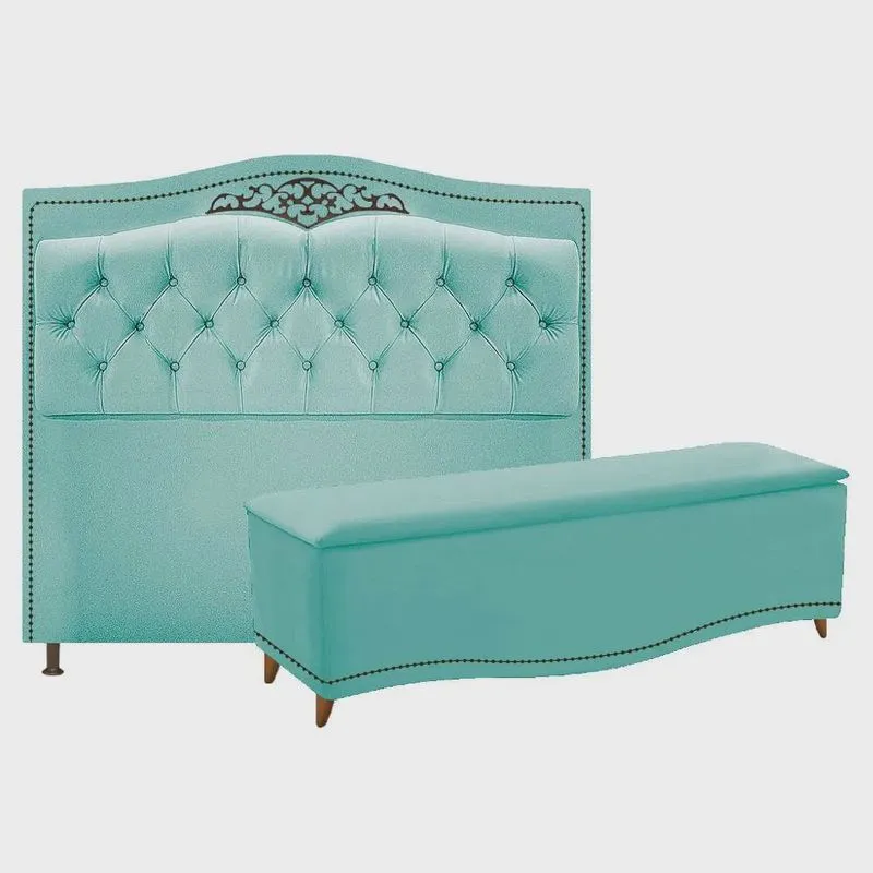Kit Cabeceira e Calçadeira Yasmim 140 cm Casal Suede Azul Tiffany - adj Decor