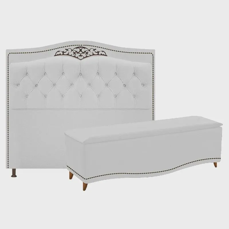 Kit Cabeceira e Calçadeira Yasmim 195 cm King Size Corano Branco - adj Decor